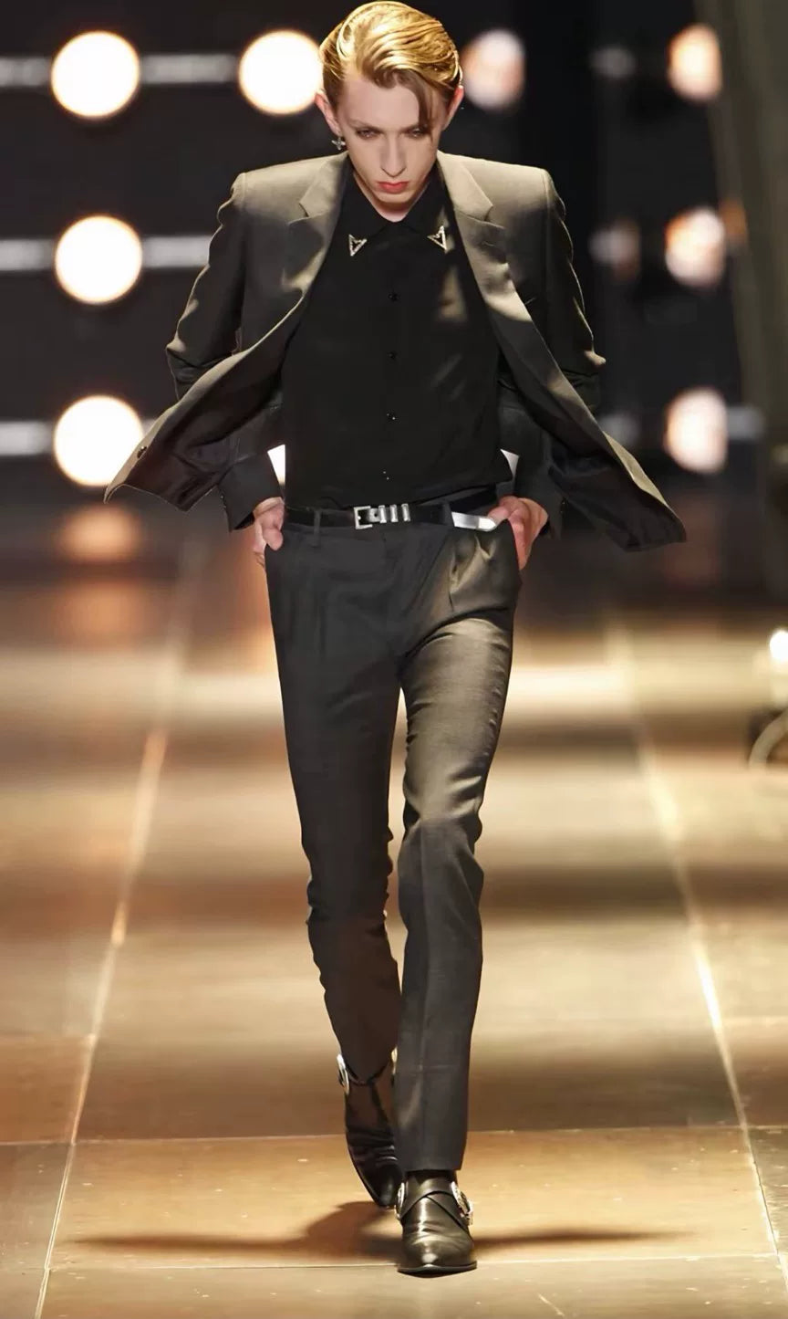 Saint Laurent Paris 14SS Black Leather Double Buckle Western Ankle Boots by Hedi Slimane
