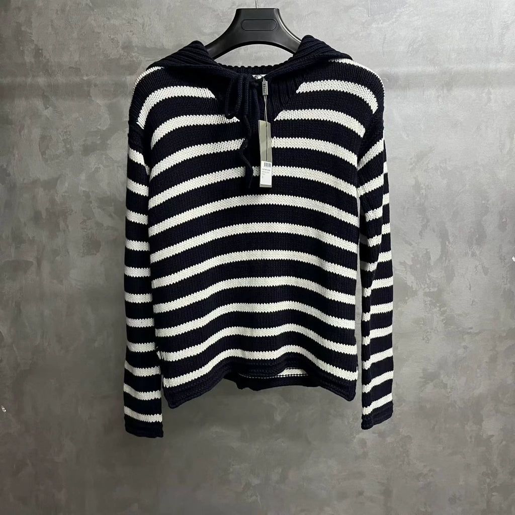 Dior Navy Blue Striped Tie Detail Knit Sweater