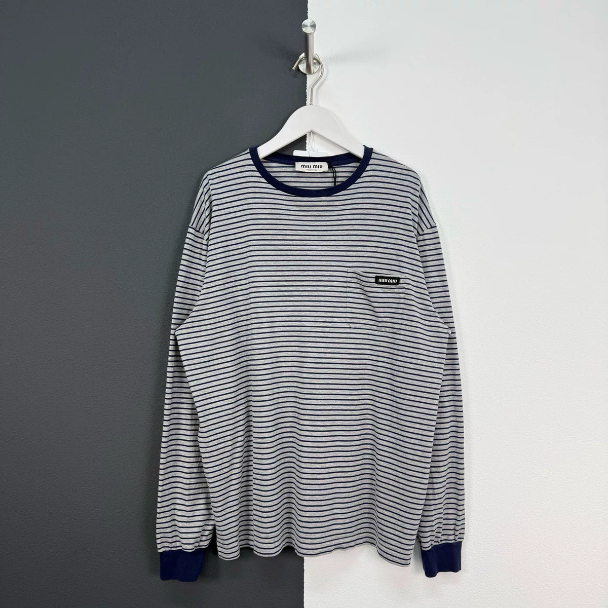Miu Miu Atheneum Striped Logo Long Sleeve Top