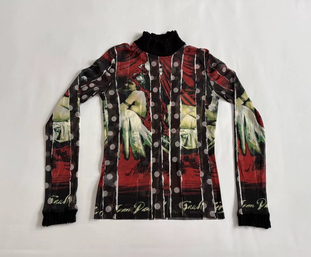 jean paul gaultier portrait print mesh dress Gaultier pre‑owned vintage beautiful woman portrait polka dot knit patchwork mesh top
