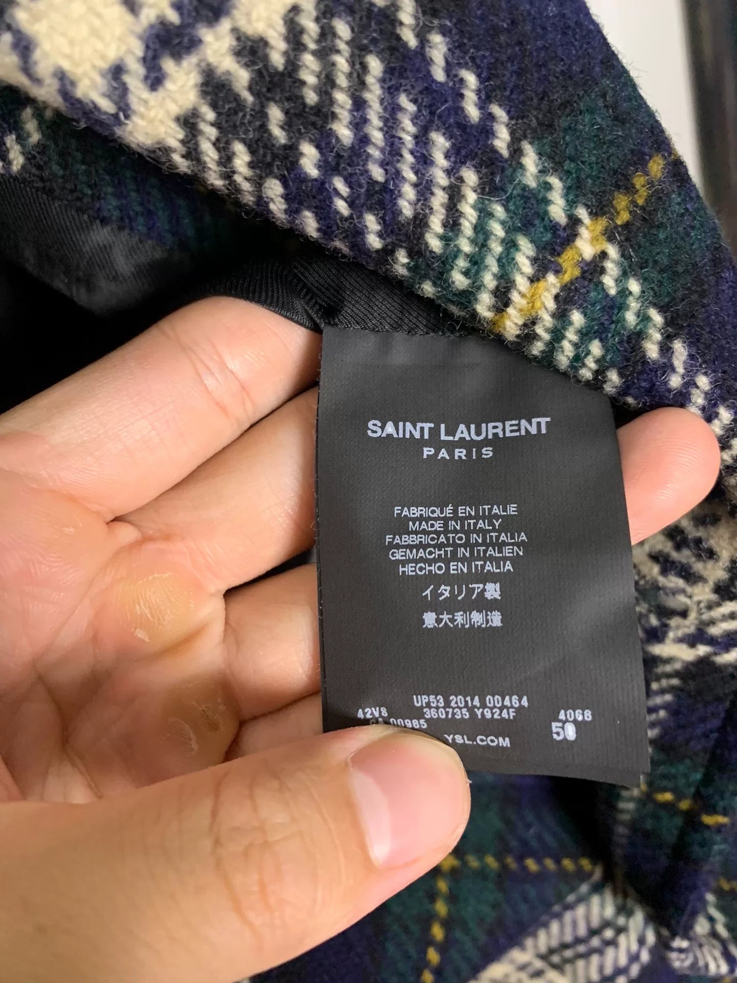 Saint Laurent 14FW Blue Green Plaid Wool Coat