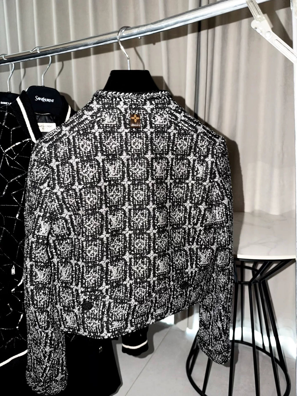 Louis Vuitton FW24 Glitter Grey Sequin Boucle Stand-Collar Jacket