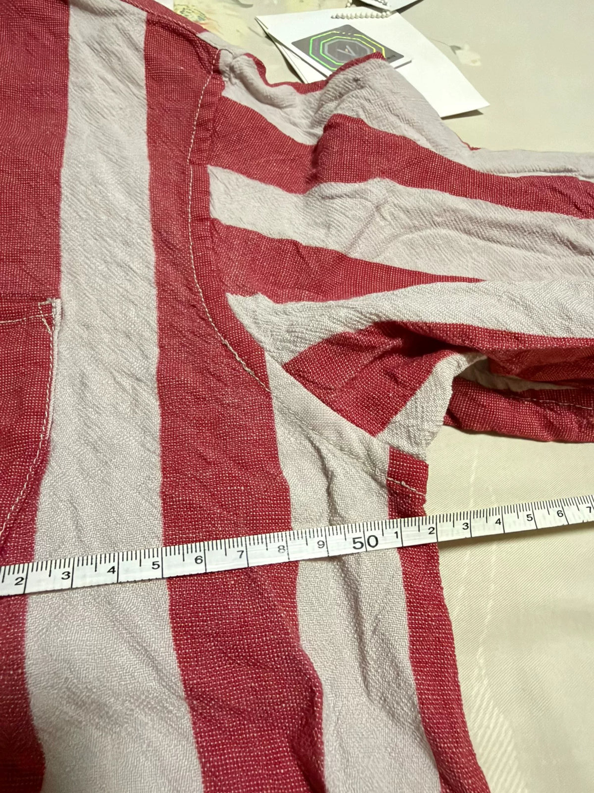 visvim SS20 Dead-ball Era Grey Red Striped Half-Collar Three-Quarter Sleeve Cotton Linen Shirt