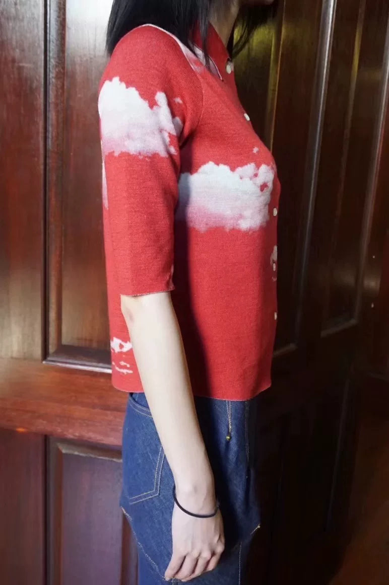 Undercover SS18 Red Sky Cloud Star Reversible Wool Polyester Knit Cardigan