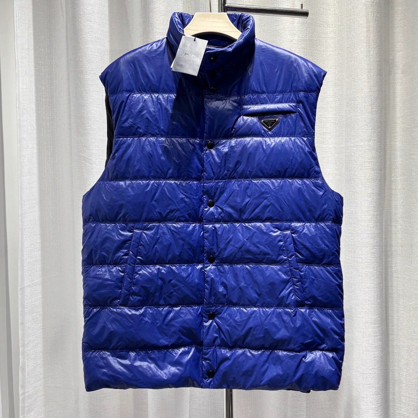 Prada Down Jacket Sleeveless Metallic Triangle Logo Stand Collar Navy Vest