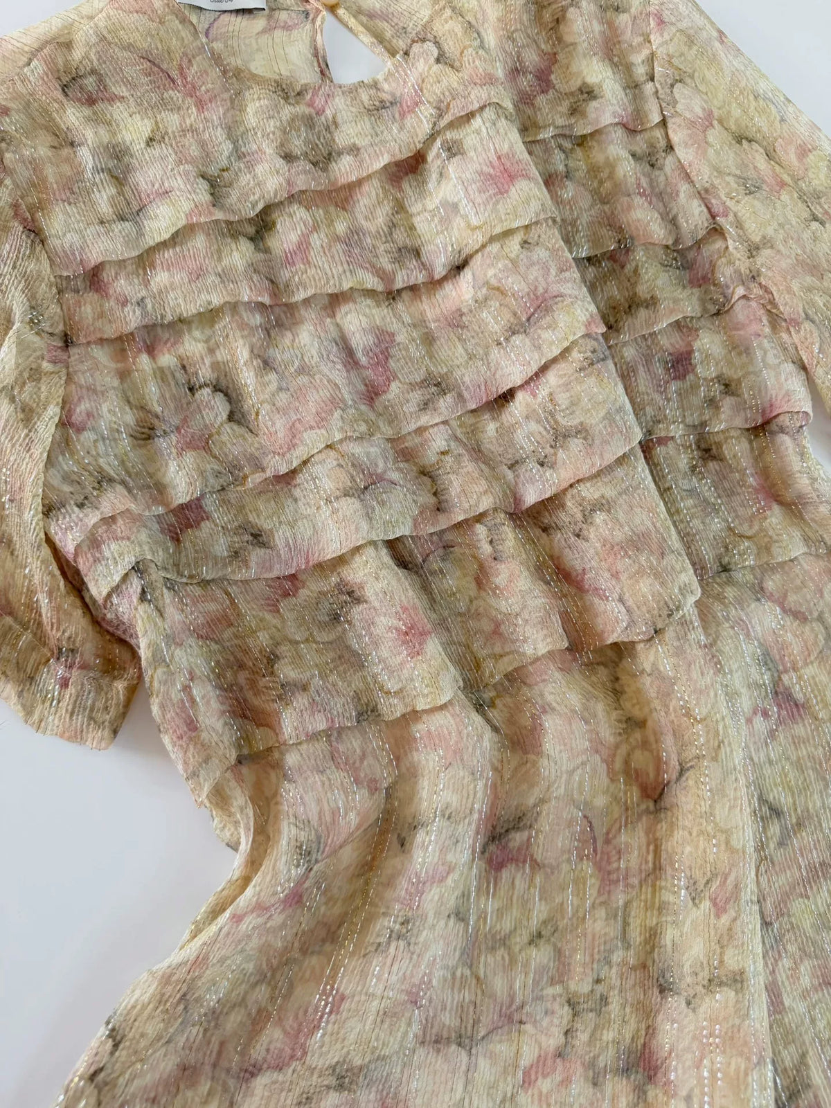Dries van Noten Silver Watercolor Floral Distressed Silk Top