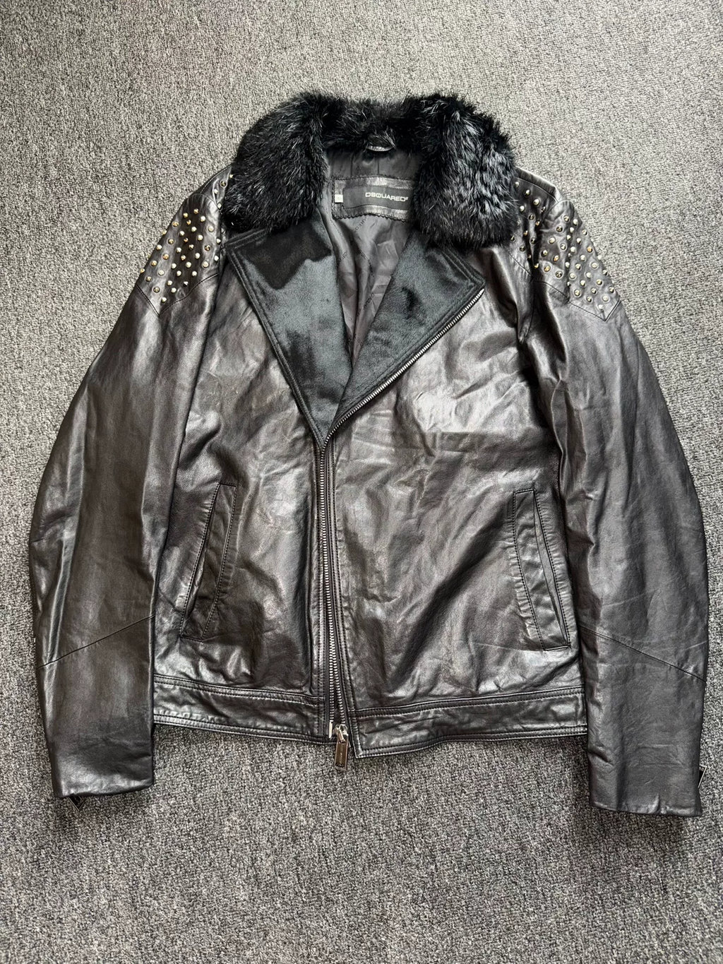 DSQUARED2 Black Fur Collar Rivet Mohair Leather Jacket