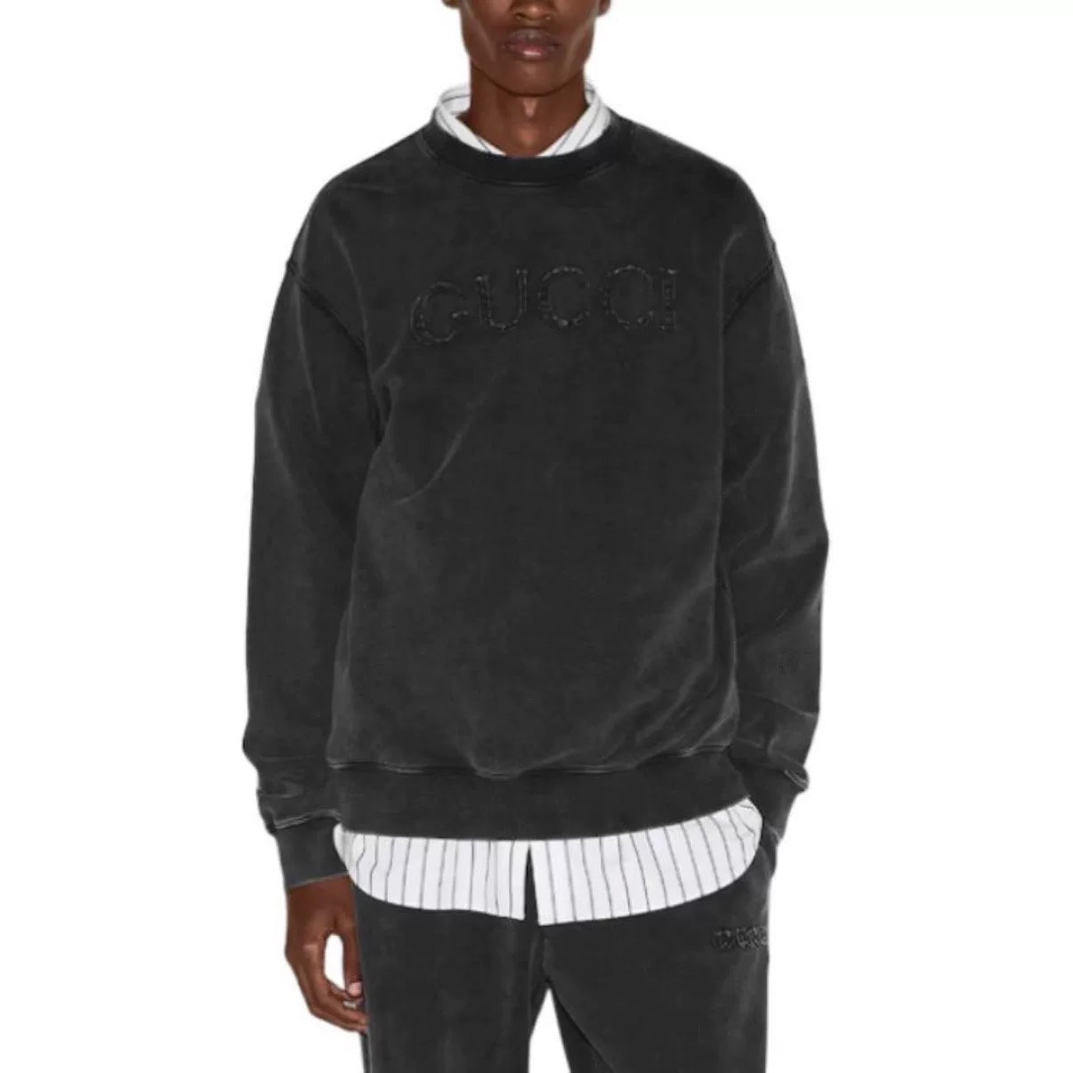 Gucci Embroidered Logo Washed Distressed Cotton Gray Hoodie