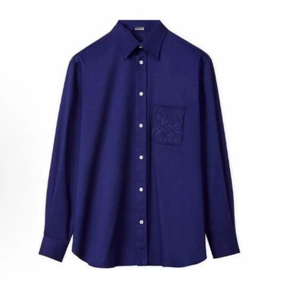Loewe Long Sleeve Lapel Embroidered Button-Front Pocket Cotton Blue Shirt