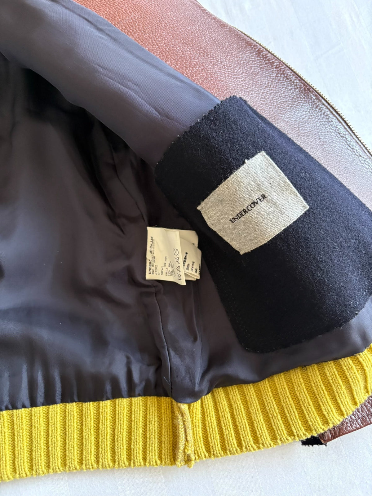 Undercover Zip Panel Leather Deconstructed Pleated Plaid Knit Jacket
