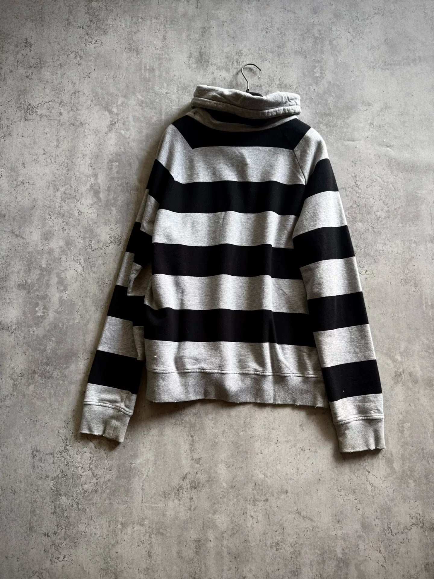 Saint Laurent Paris 17AW Black Striped Distressed Tassel Drawstring Turtleneck Fringe Hoodie by Anthony Vaccarello