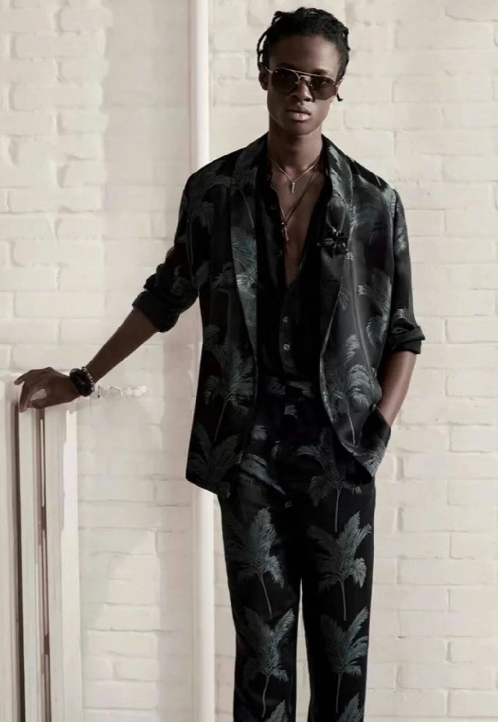 Saint Laurent Paris SS21 Palm Jacquard Silk Suit