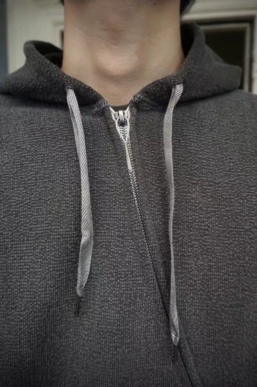 Taichi Murakami Grey Diagonal Zip-Up Cotton Hooded Sweater
