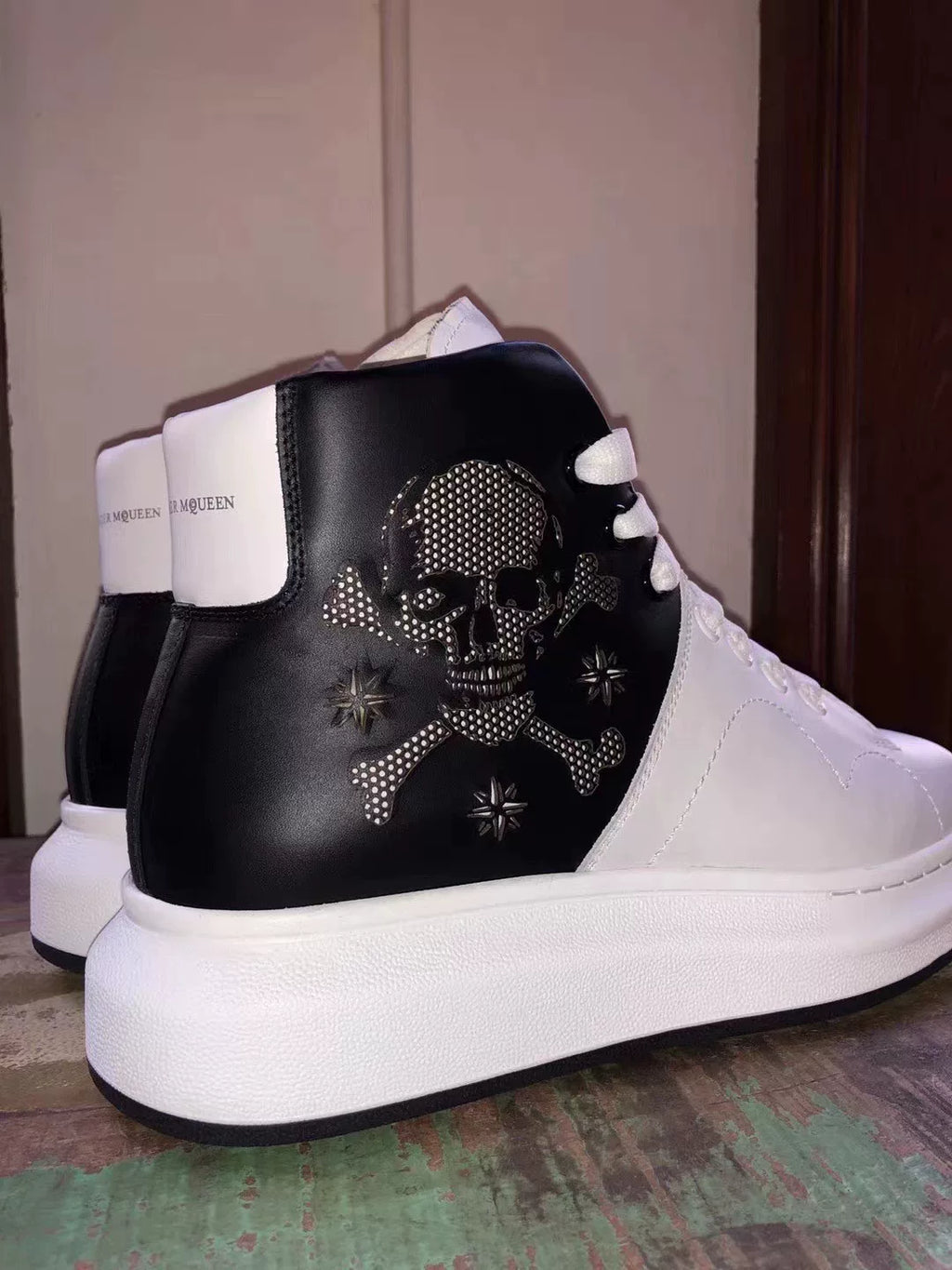 Alexander McQueen FW16 Black White 3M Reflective Skull High-Top Calfskin Sneakers