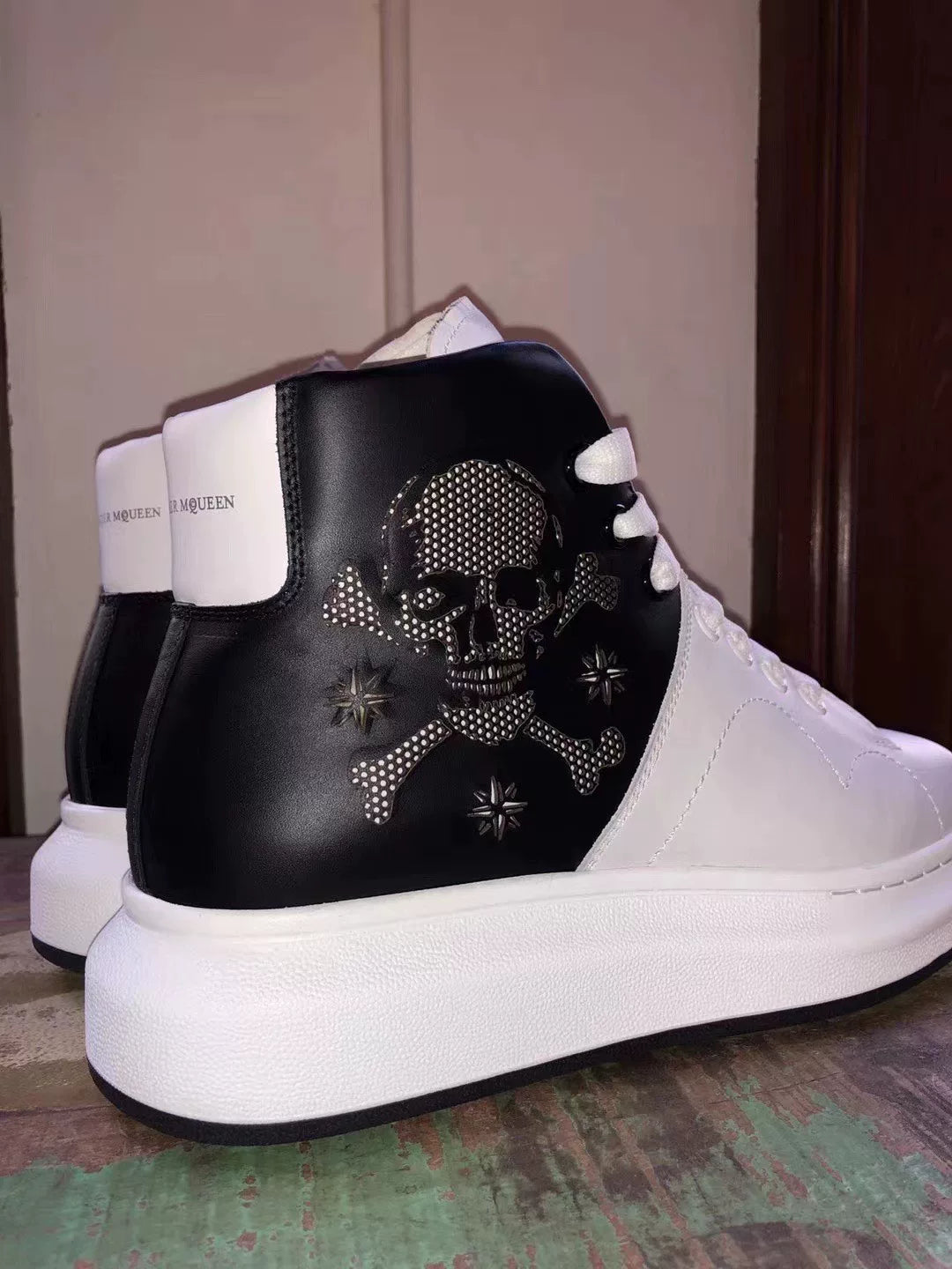 Alexander McQueen FW16 Black White 3M Reflective Skull High-Top Calfskin Sneakers