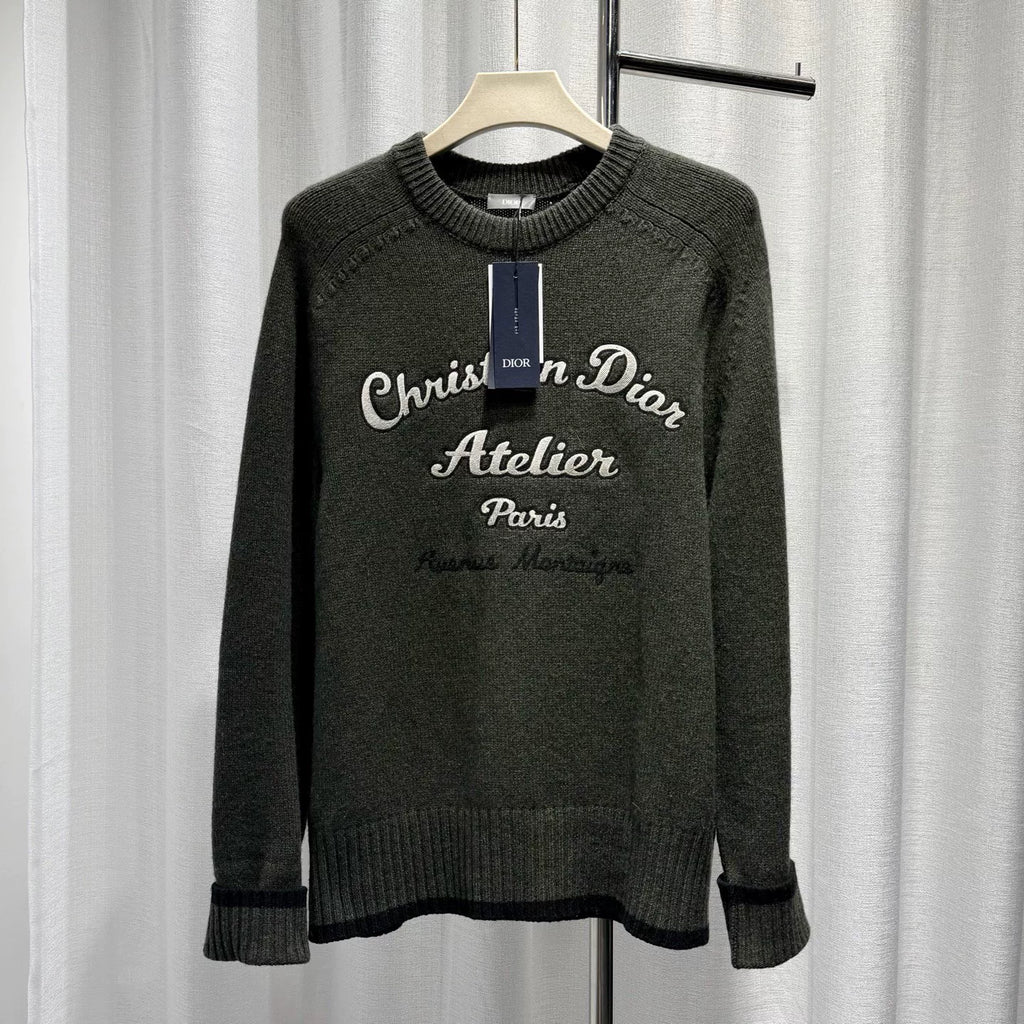 Dior Long Sleeve Embroidered Logo Wool Green Knit Sweater