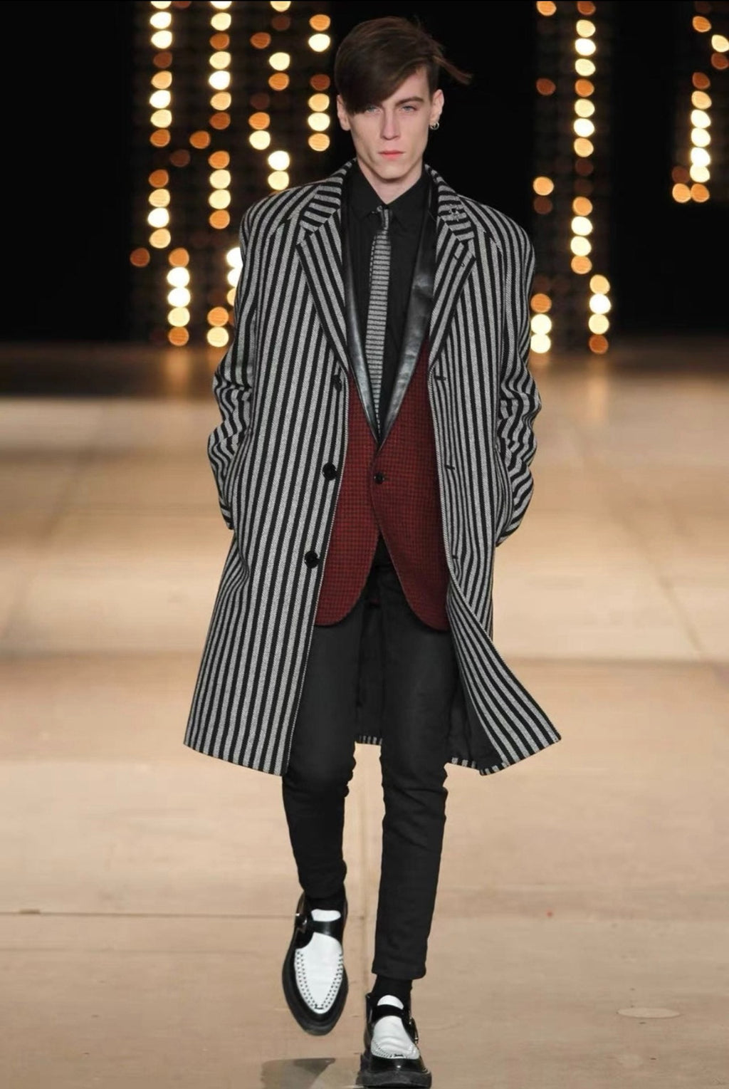 Saint Laurent Paris AW14 Black White Striped Virgin Wool Coat by Hedi Slimane