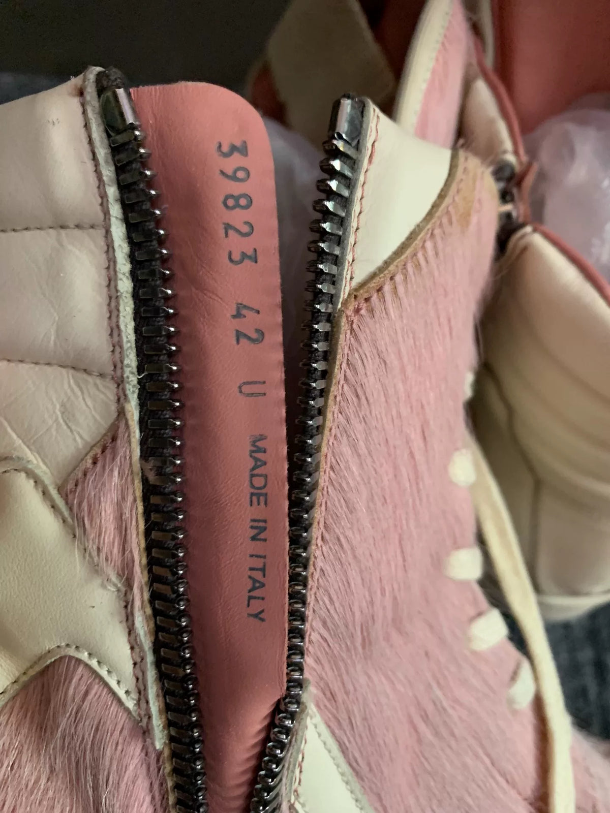 Rick Owens Inverted-Triangle Pink Fur Sneakers