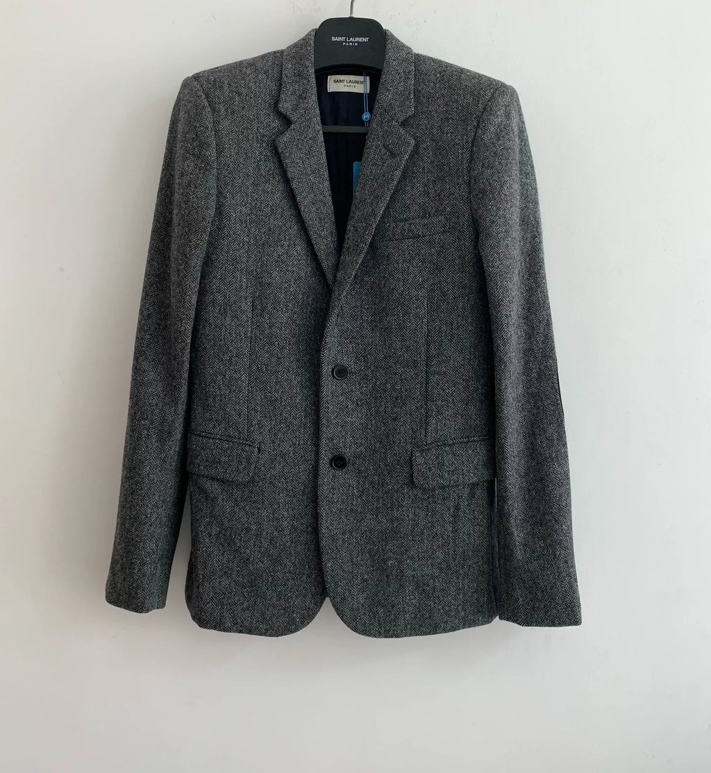Saint Laurent FW14 Grey Herringbone Lambskin Elbow Patch Blazer