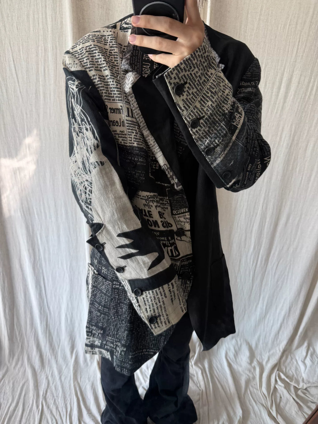 Yohji Yamamoto Black Newspaper Print Asymmetric Linen Coat