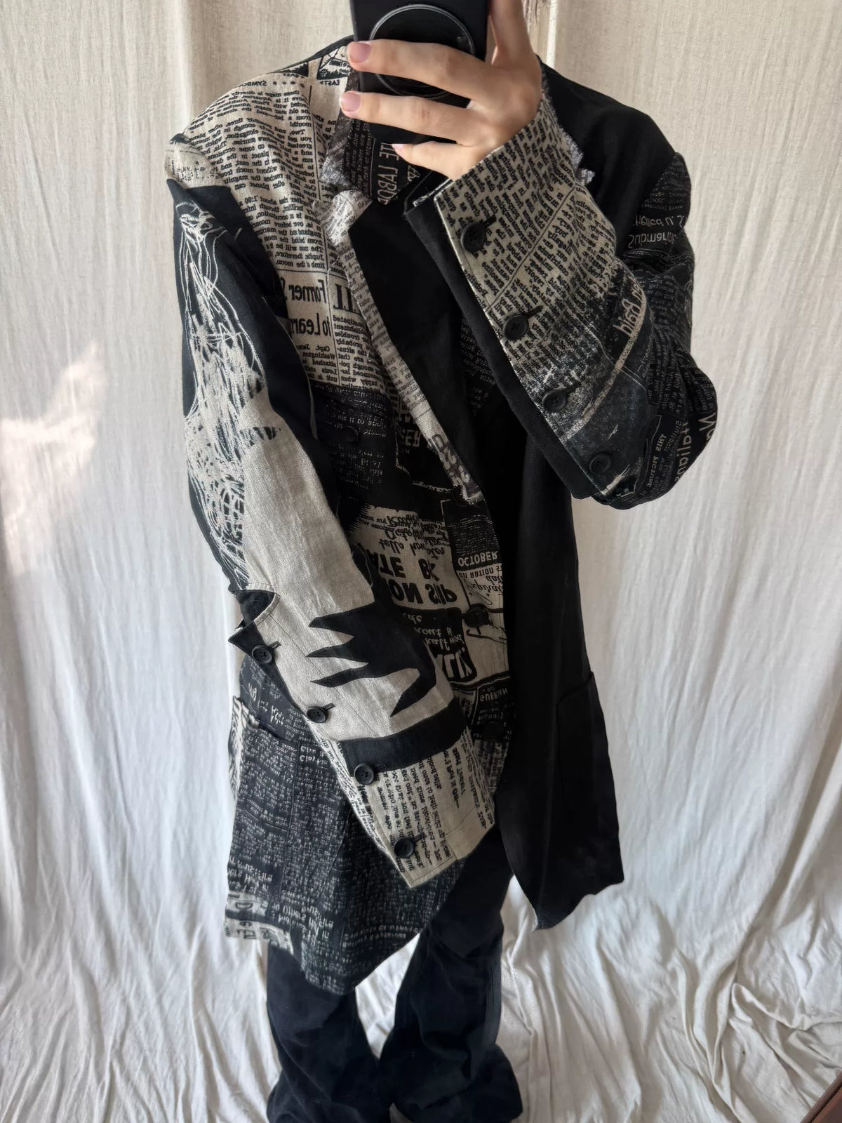 Yohji Yamamoto Black Newspaper Print Asymmetric Linen Coat
