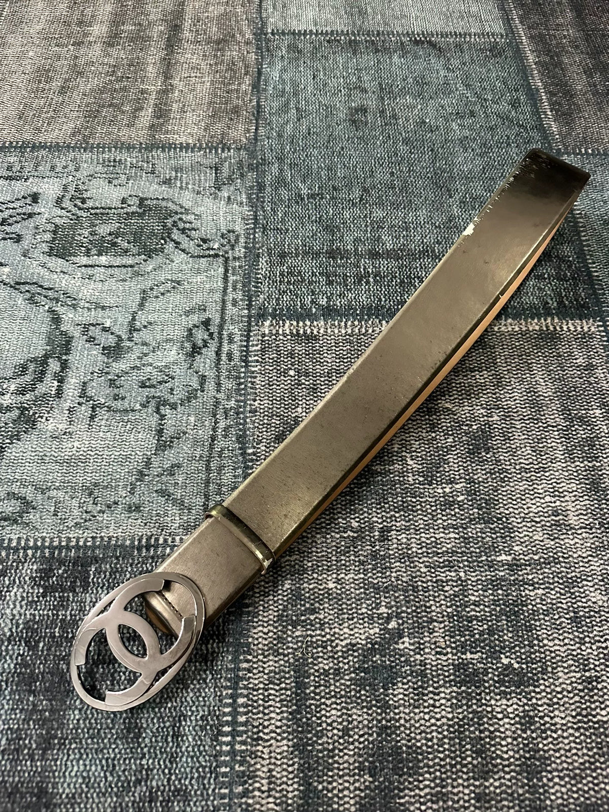 Chanel Double C wide belt silver patent leather