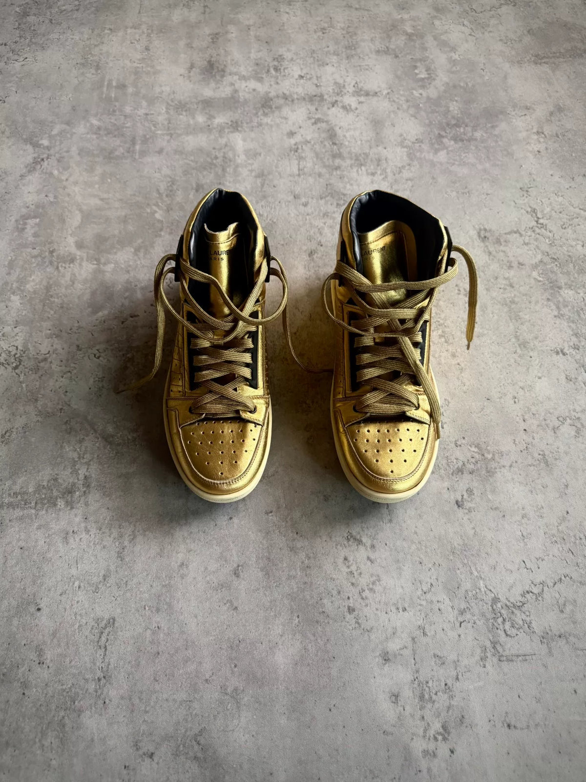 Saint Laurent Paris 15AW SL/24H Gold Metal Pleated High-Top Sneakers by Hedi Slimane