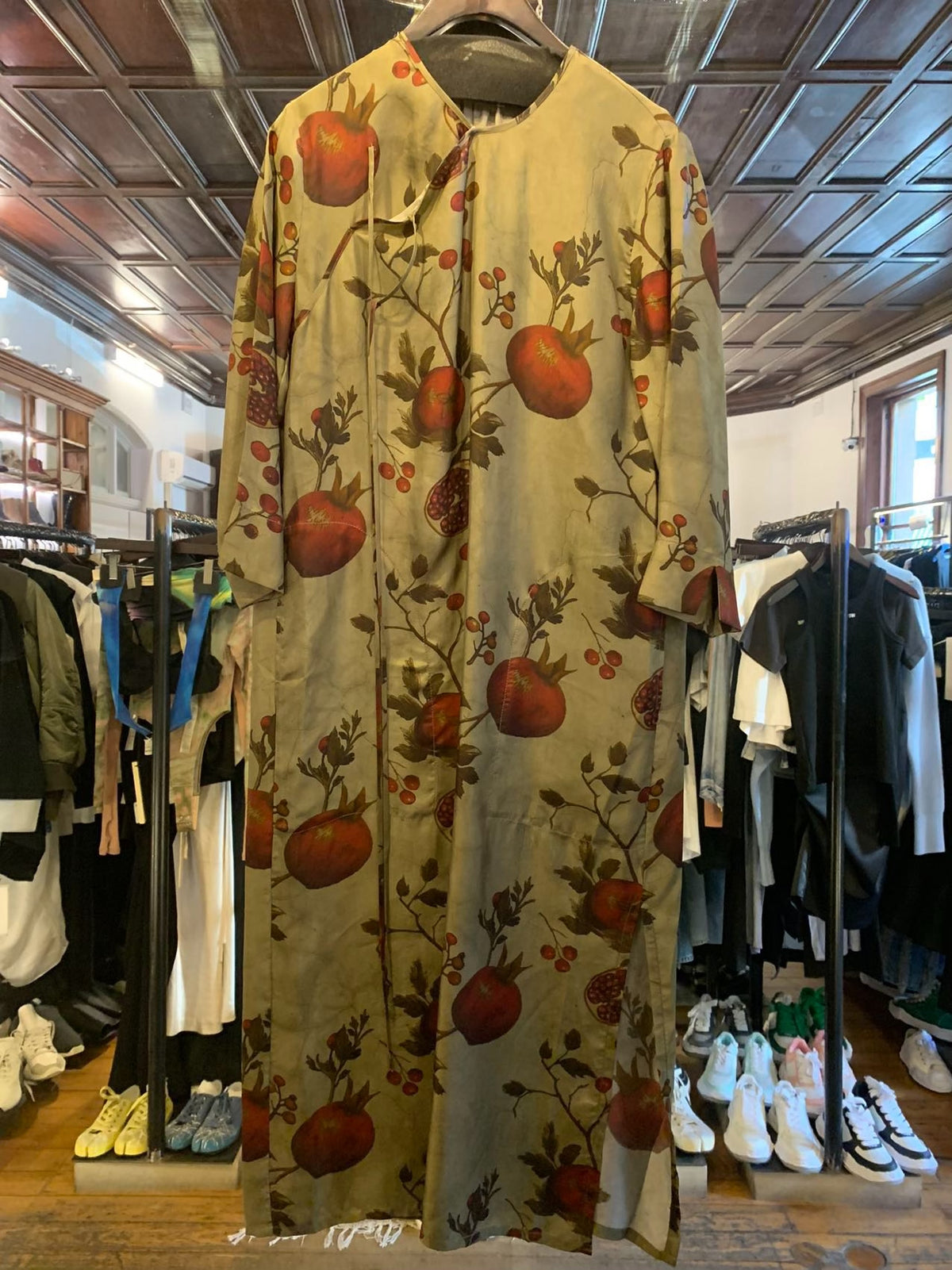 Uma Wang FW25 Pre Tan/Red/Green Agina Pomegranate Print Viscose/Cupro Dress