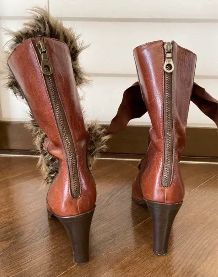 Issey Miyake Strappy Faux Fur Leather Boots High Heels