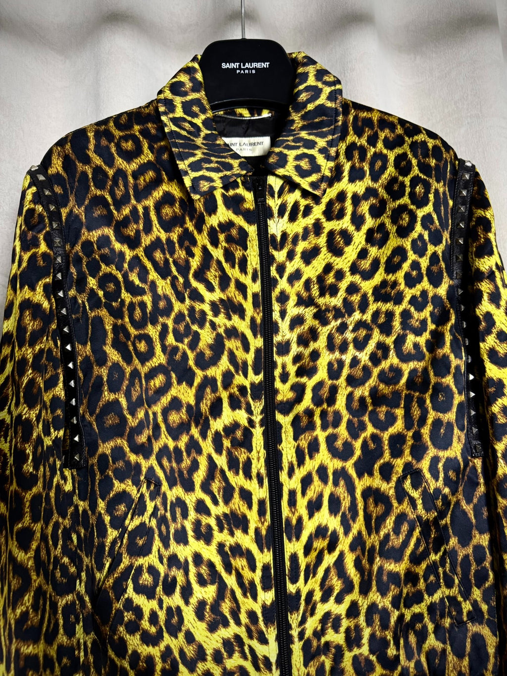 Saint Laurent 16SS Hedi Slimane Leopard Print Studded Silk Jacket by Hedi Slimane