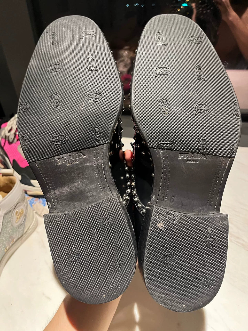 Prada Black Leather Metal Silver Stud Brogue Leather-Sole Lace-Ups