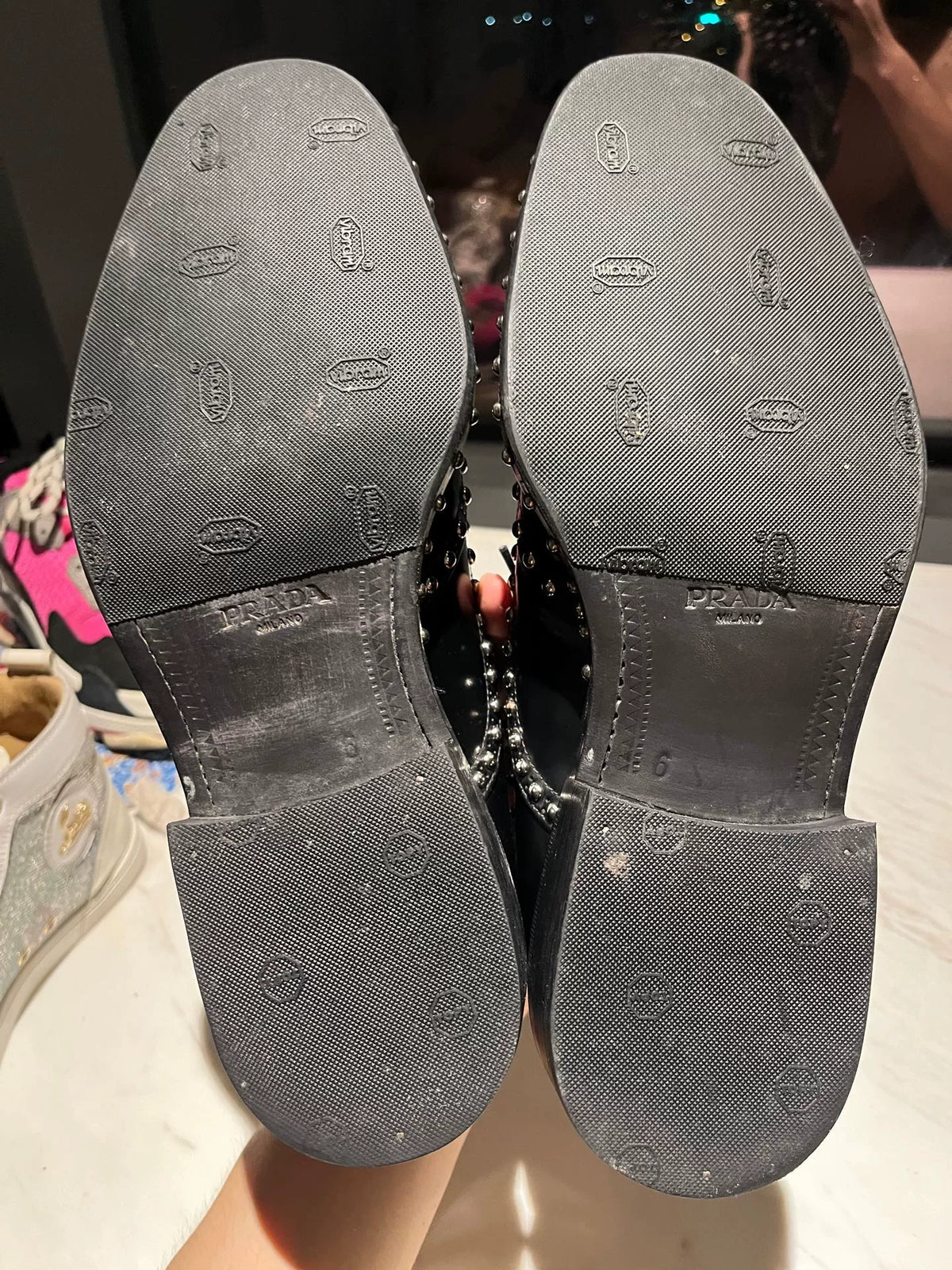 Prada Black Leather Metal Silver Stud Brogue Leather-Sole Lace-Ups