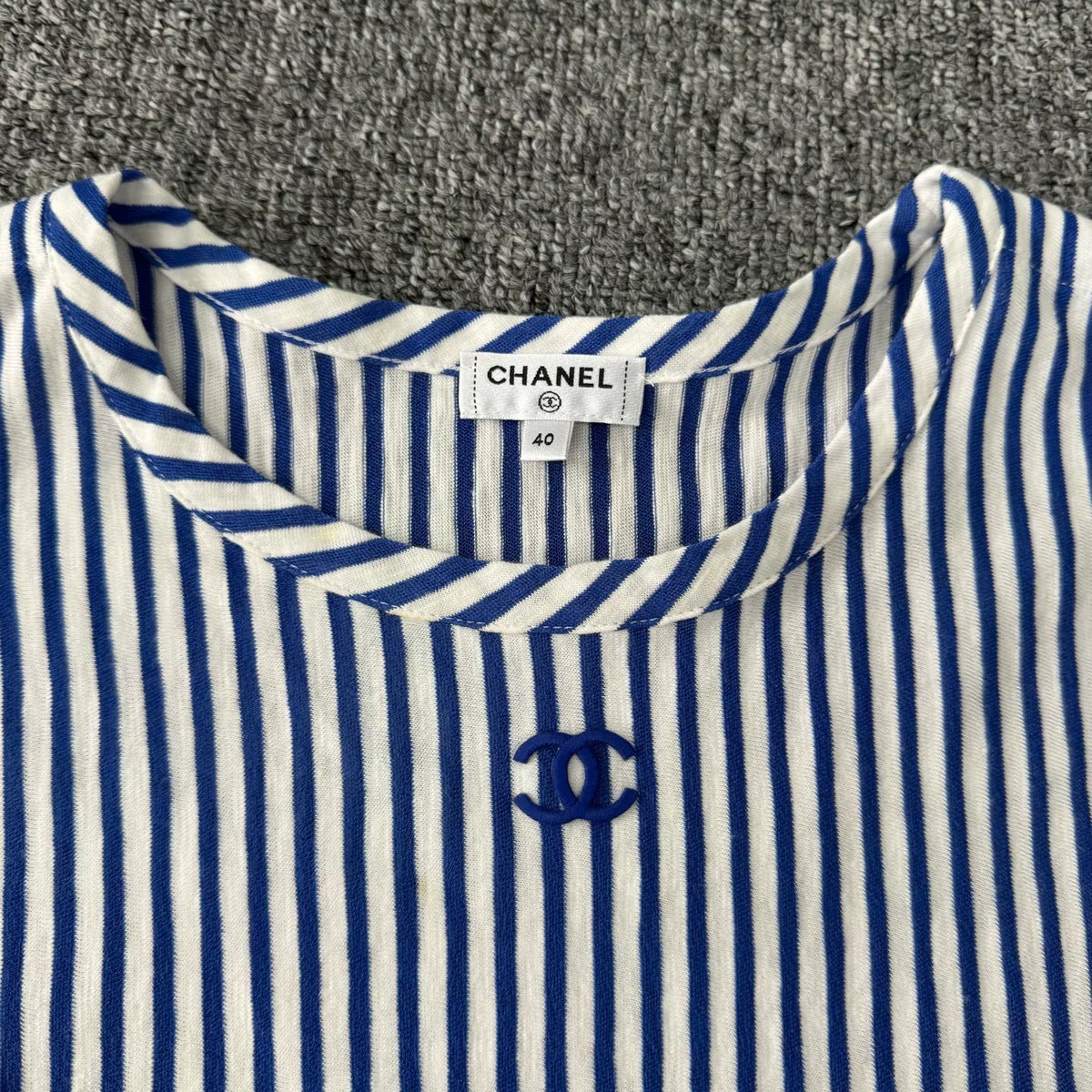 Chanel Short Sleeve Blue White Striped Dress