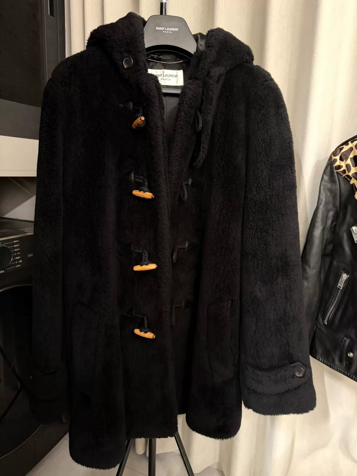 Saint Laurent FW21 Anthony Vaccarello Horn-Buckle Hooded Wool Silk Coat