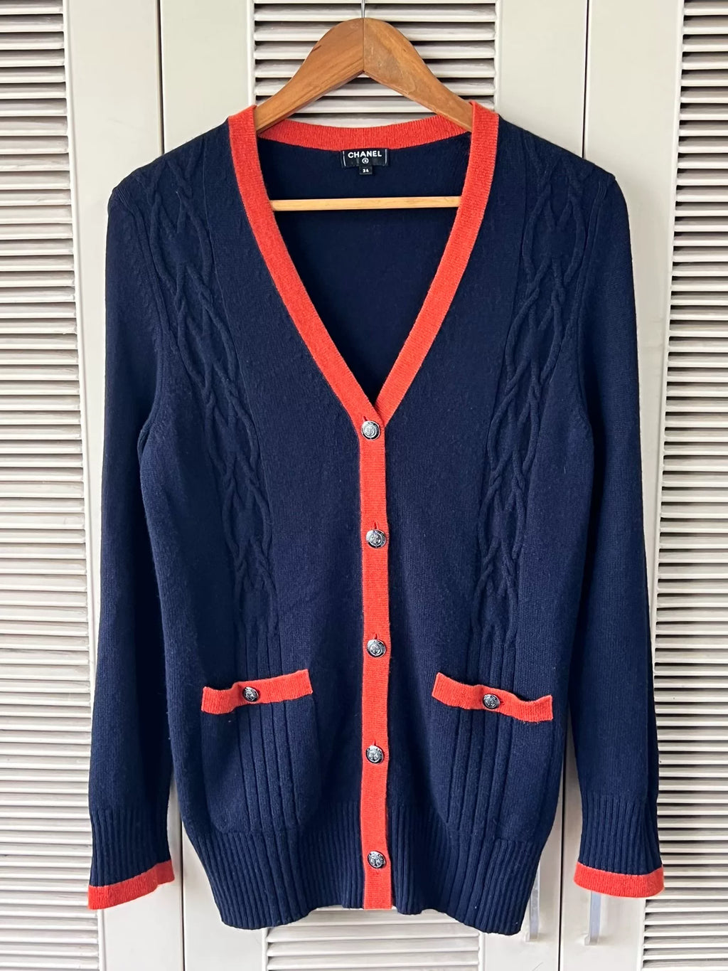 Chanel Cashmere Knit Orange Anchor Button Cardigan