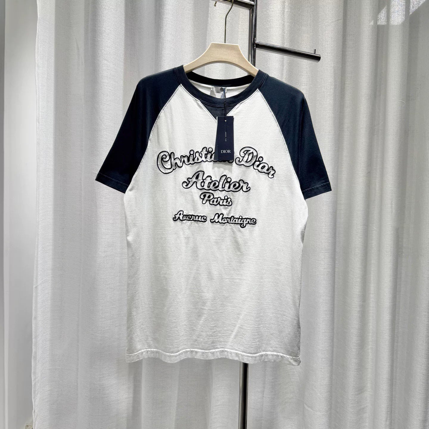 Dior Slogan Embroidered Logo Blue Color-Block Cotton Short Sleeve T-Shirt