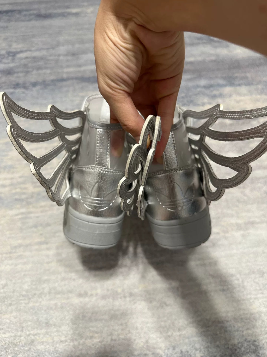 Adidas x Jeremy Scott Wings Silver Patent Leather Cutout Skeleton Wing Sneakers