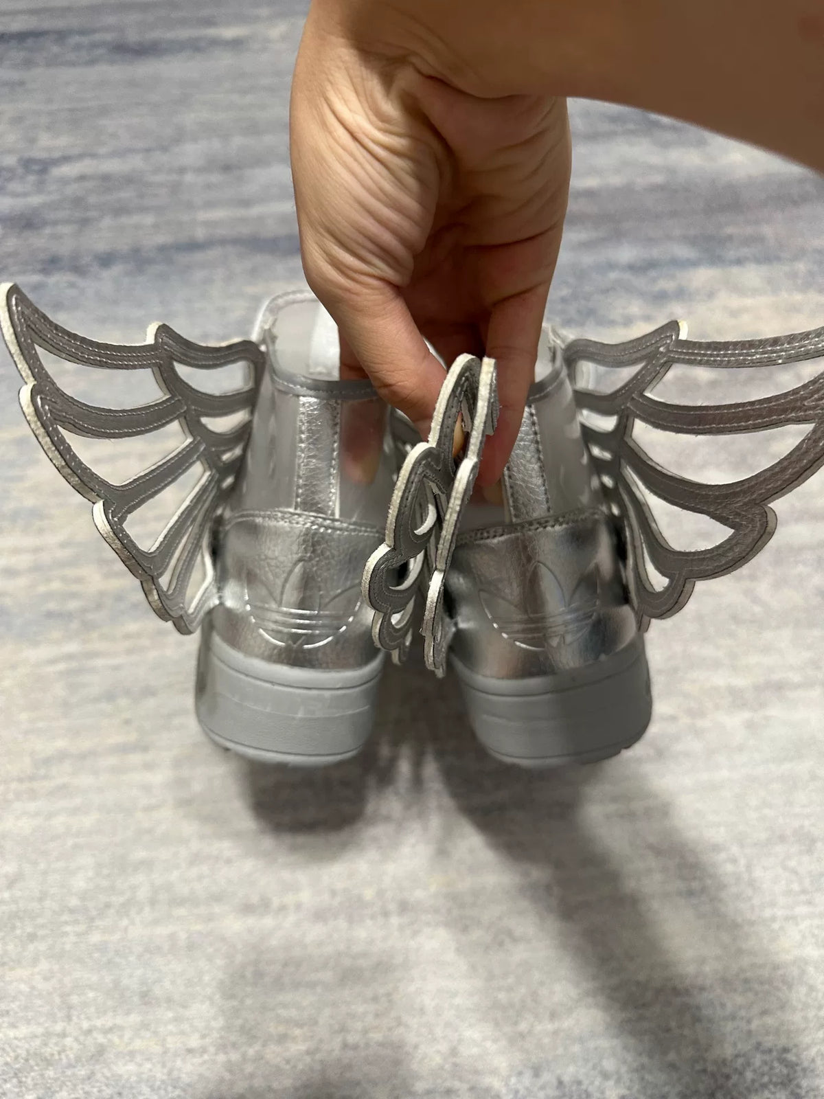 Adidas x Jeremy Scott Wings Silver Patent Leather Cutout Skeleton Wing Sneakers