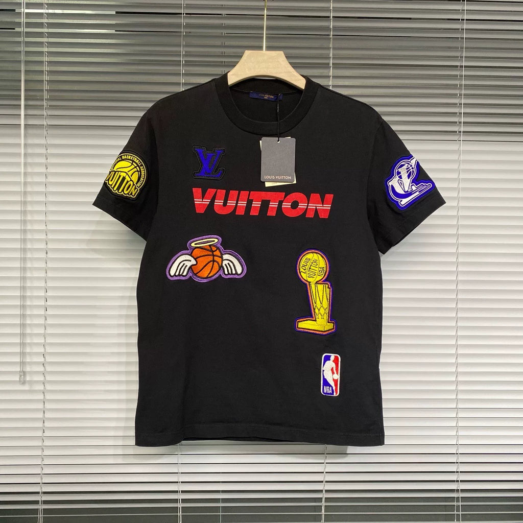 Louis Vuitton Short Sleeve Nba Print Logo Embroidered Black Shirt