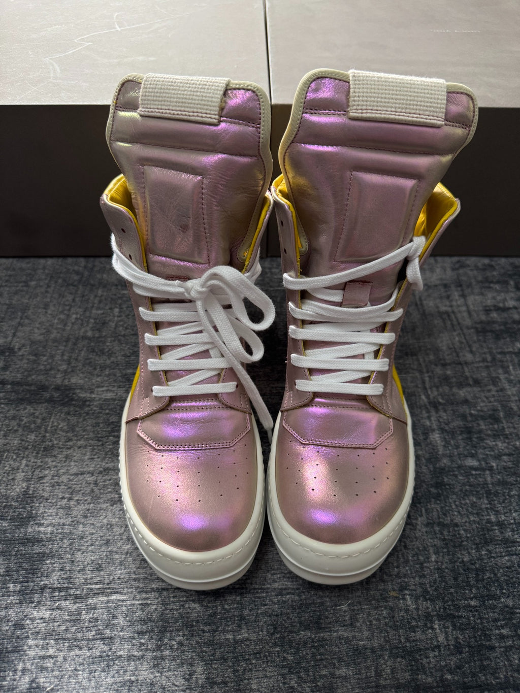 Rick Owens Pink Panel Inverted-Triangle Yellow Sneakers