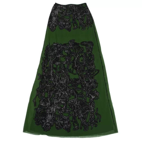 Jean Paul Gaultier Vintage Green Abstract Portrait Mesh Skirt
