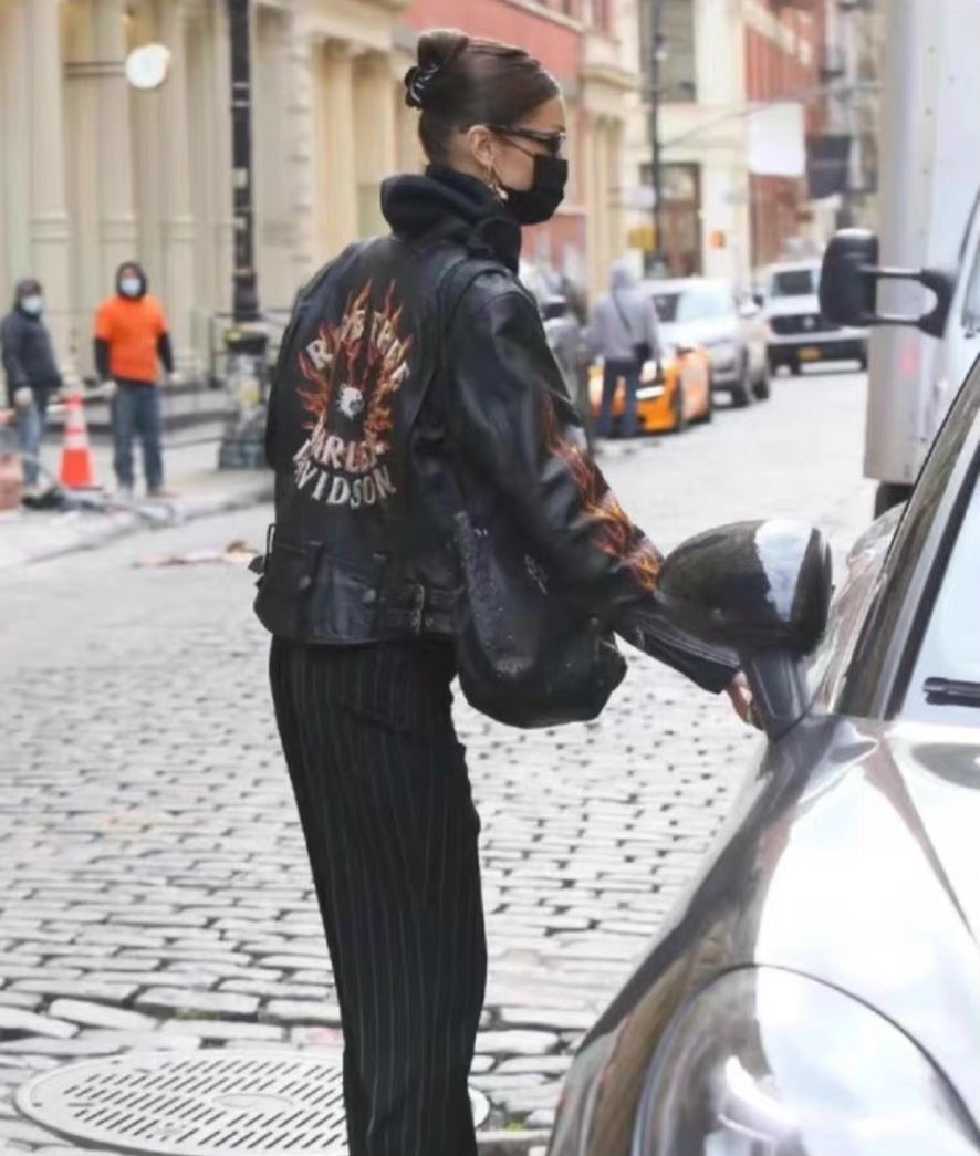 Vintage Harley Davidson Heavyweight Cowhide Flame Embroidered Leather Jacket