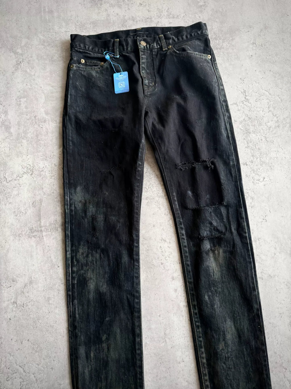 Saint Laurent Paris AW16 D02 Heavy Distressed Oil Stain Decay Denim Jeans by Hedi Slimane