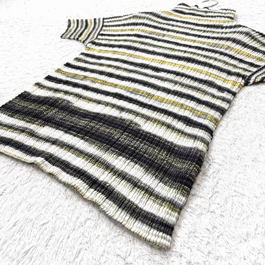 Issey Miyake Striped Pleated Short-Sleeve Top