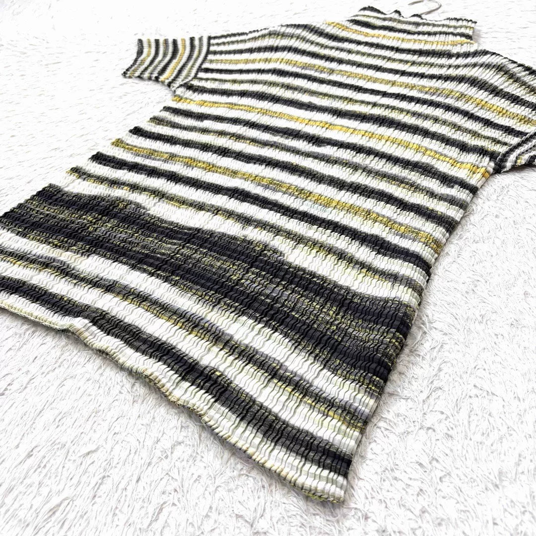 Issey Miyake Striped Pleated Short-Sleeve Top