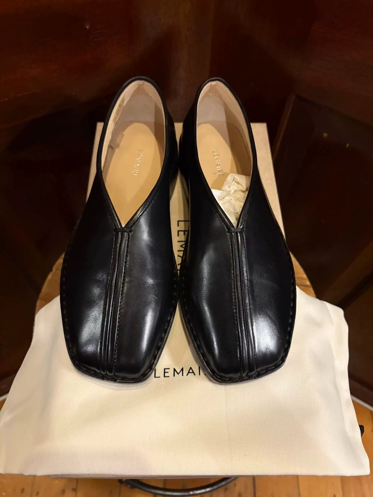 Lemaire SS24 Flat Piped slippers Black Lambskin Monk Strap Shoes