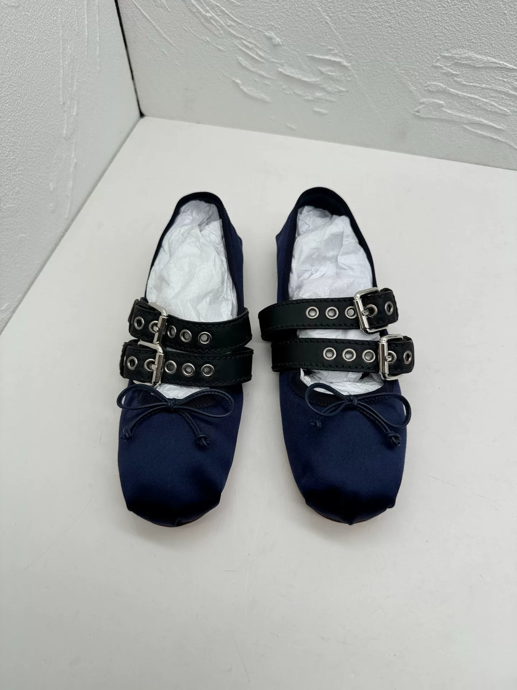 Miu Miu Navy Blue Satin Leather Bow Mary Janes