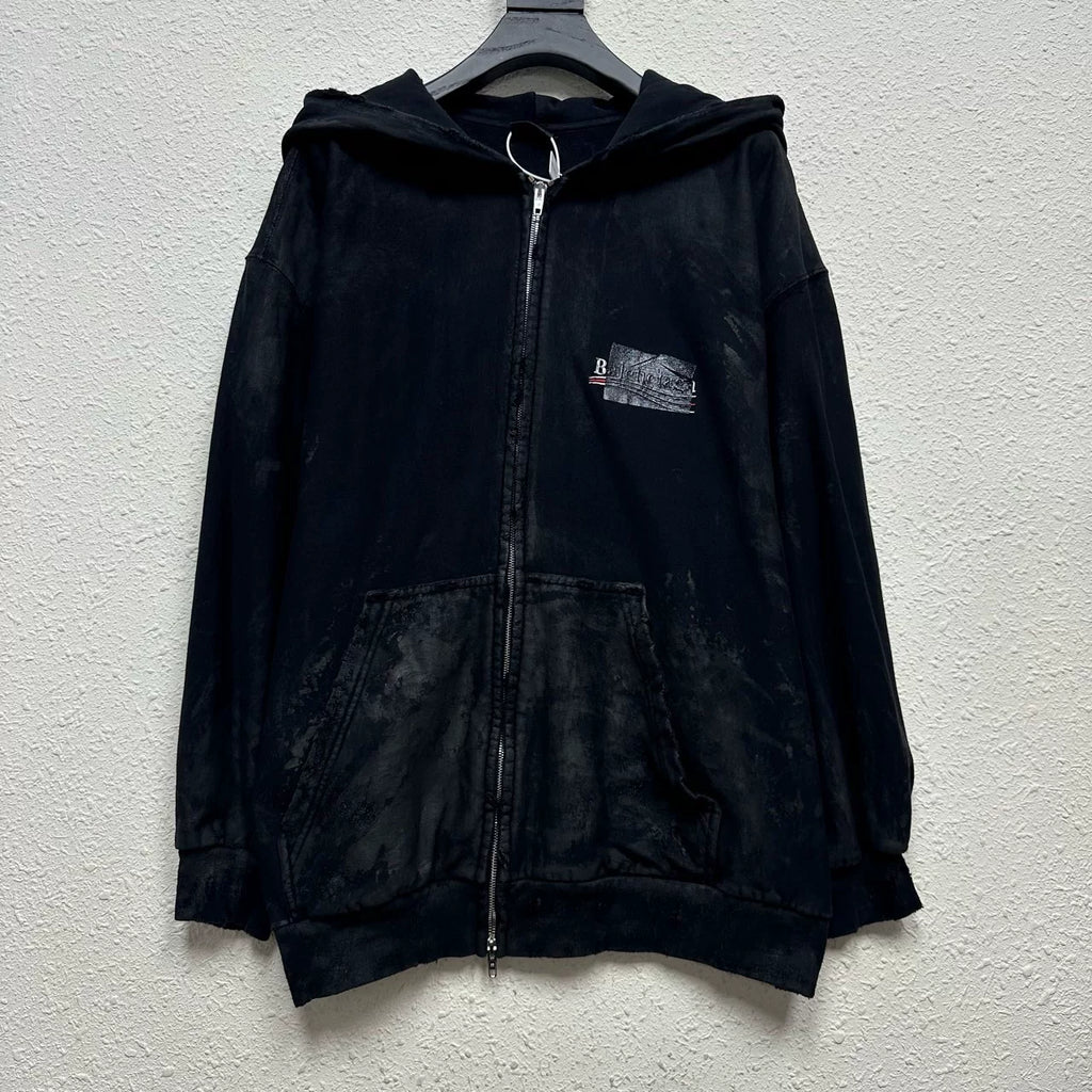Balenciaga Black Coca-Cola Logo Mud-Dye Distressed Print Zip-Up Jacket