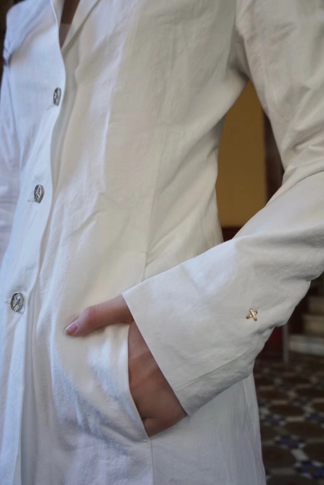 M.A+ SS19 White Three Planet Silver Buttons Cotton Linen Coat