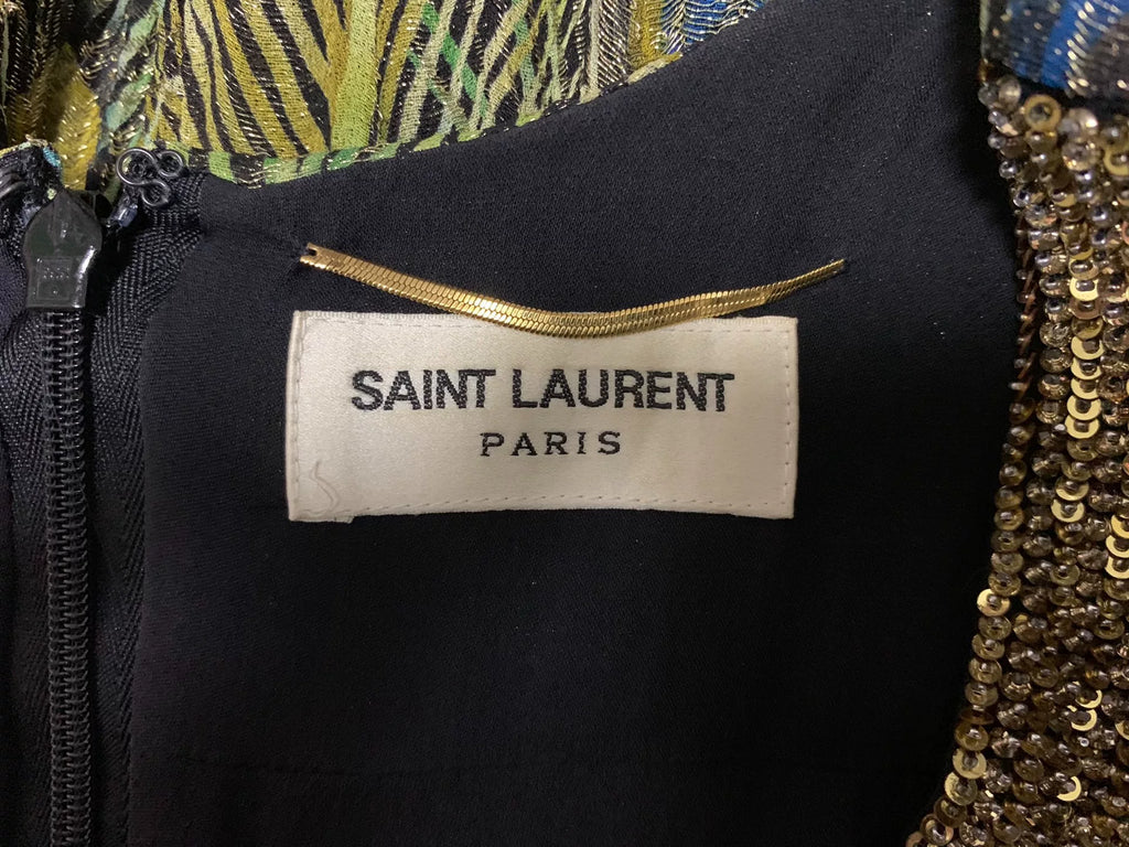 Saint Laurent SS15 Peacock Gold Thread Sequin Bead Viscose Silk Dress